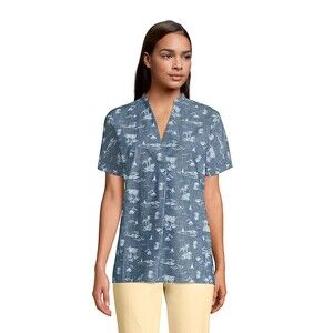 Women's Lands End Blue Palm Tree Cotton Short Sleeve Tunic Top Size L